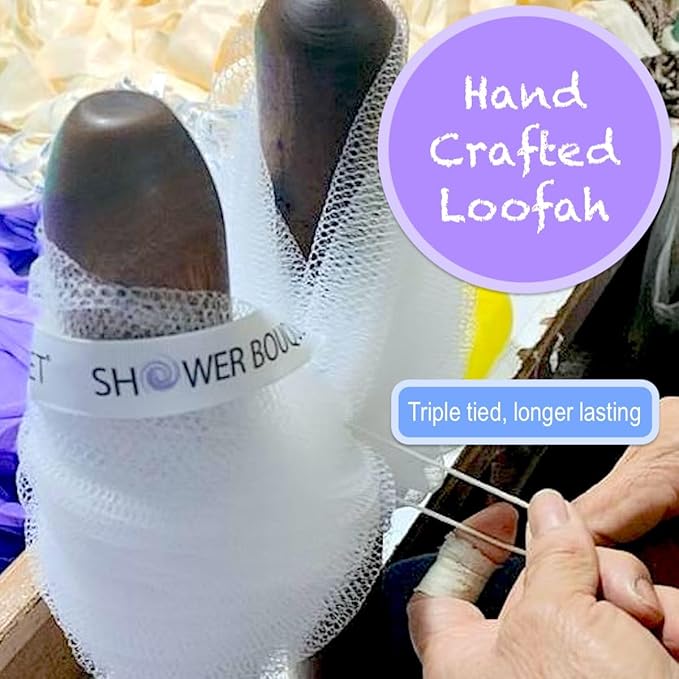 SHOWER BOUQUET Loofah-Bath-Sponge XL Swirl-Mix-Color 4-Pack // Extra-Large 75g Mesh Luffa Loofa Loufa Puff Pouf Set/Exfoliating Body Scrubber for Women and Men - Exfoliate & Soothe Face & Body