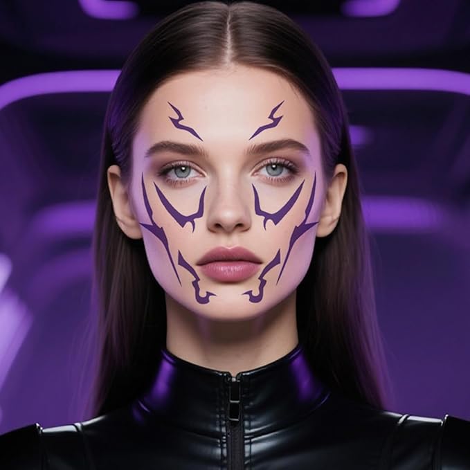Cosplay Temporary Tattoos, 6 Sheets Purple Tattoos Waterproof Body Art Prop for Cosplay Halloween Party Makeup Realistic Accessories