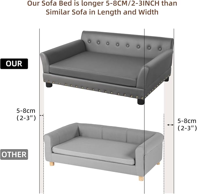 Large Leather Dog Sofa: Scratch Resistant Pet Couch up to 77lbs | Luxury Modern Indoor Large Dog Furniture, Elevated Wooden Frame Doggie Lounge Bed, Replaceable Cover, Easy Clean, Gray