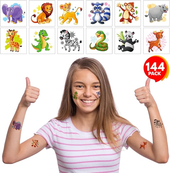 ArtCreativity Zoo Animal Individual Temporary Tattoos for Kids - Bulk Pack of 144 Non-Toxic 2 Inch Pre-Cut Tattoos, Safari Wild Animal Birthday Party Favors and Goodie Bag Fillers for Boys and Girls