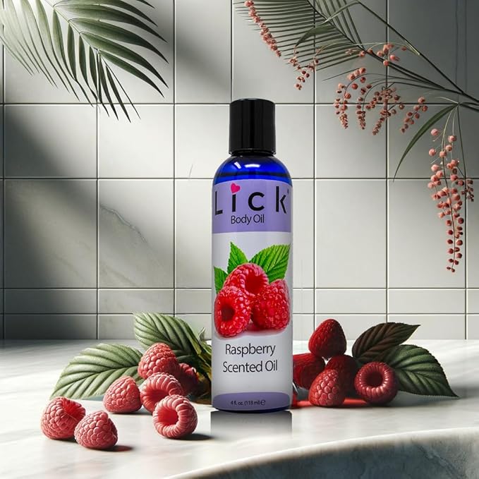 LICK Raspberry Fruit Scented Body Oil – Lightweight Daily Moisturizer with Almond Oil & Vitamin E – 4 oz
