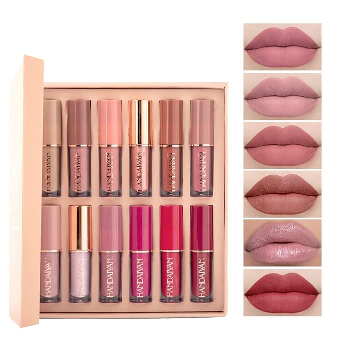 12 Colors Matte & Glossy Liquid Lipstick Set – Book Style Gift Kit for Women & Girls – Long Lasting Waterproof Lip Gloss with Nude, Pink, Red Shades, Non-Sticky, Transfer-Proof Lip Stain (Set A)