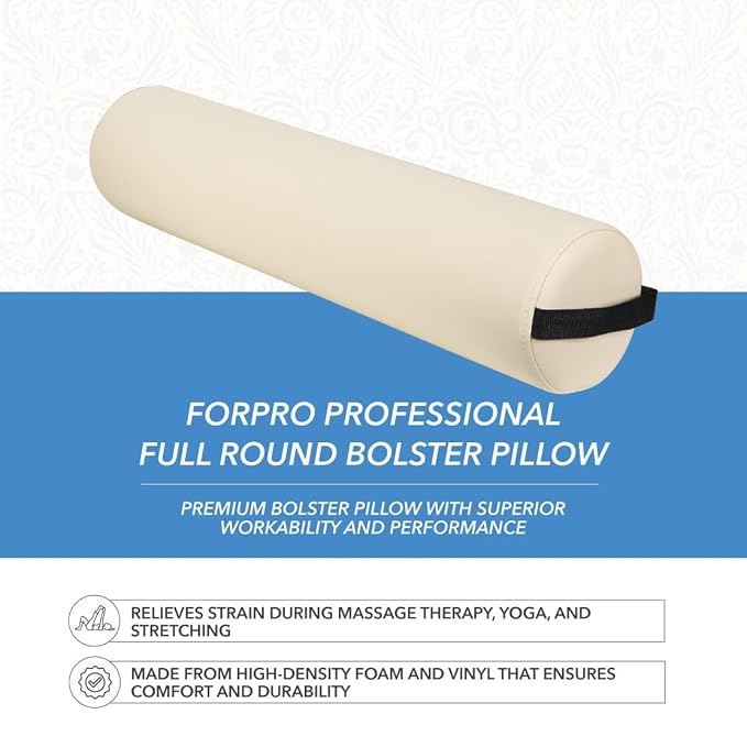 ForPro Full Round Bolster Pillow, Crème, Oil and Stain-Resistant, for Massage and Yoga, 6” R x 26” L