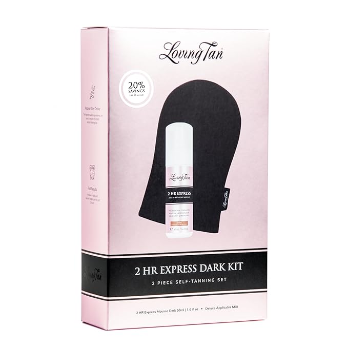 Loving Tan 2HR Express Self Tan Travel Size Kit, Dark - Travel-Sized Self Tanner, Self-Tanning Bronzing Mousse & Applicator Mitt, Cruelty Free, Naturally Derived DHA - 1.6 Fl Oz Mini Kit