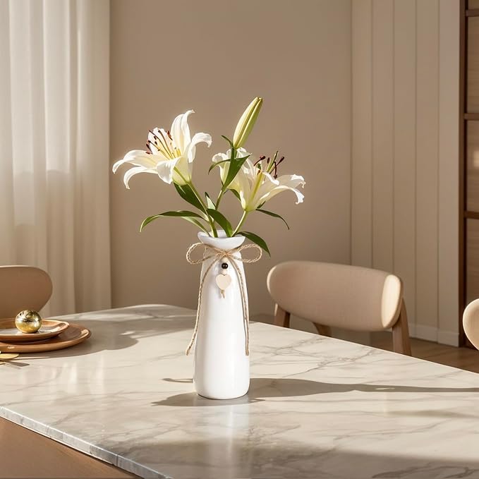 8 Inch Ceramic Vase with Jute Rope & Heart Charm, Elegant White Decorative Vase for Home Décor & Table Centerpieces