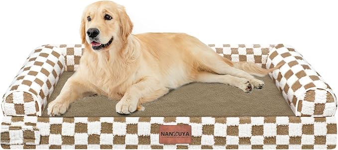 Orthopedic Dog Bed for Large Dogs, 36 x 27 Inch, Brown Grid | Egg crate foam for joint support, 3-sided bolster pet sofa, waterproof lining, washable cover, and non-skid base