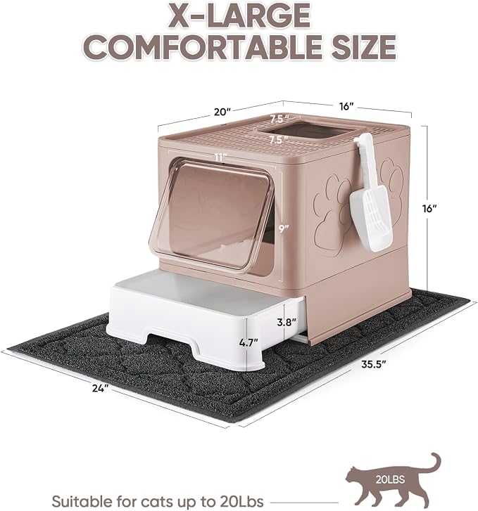 Medario Cat Litter Box with X-Large Litter Mat and Scoop(Upgrade Coffee) | Large Covered Litter Box with Lid, Enclosed Kitty Box,Front Top Entry Exit, Odor Control Easy to Clean