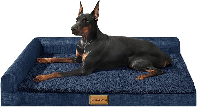 Patas Lague Orthopedic Large Dog Bed Washable Pet Sofa Bed 42X28 Navy Blue | 2-Sided Bolster Egg-Crate Foam Dog Couch Large Sized Dogs, Waterproof Removable Washable Cover, Nonskid Bottom Pet Crate Mat