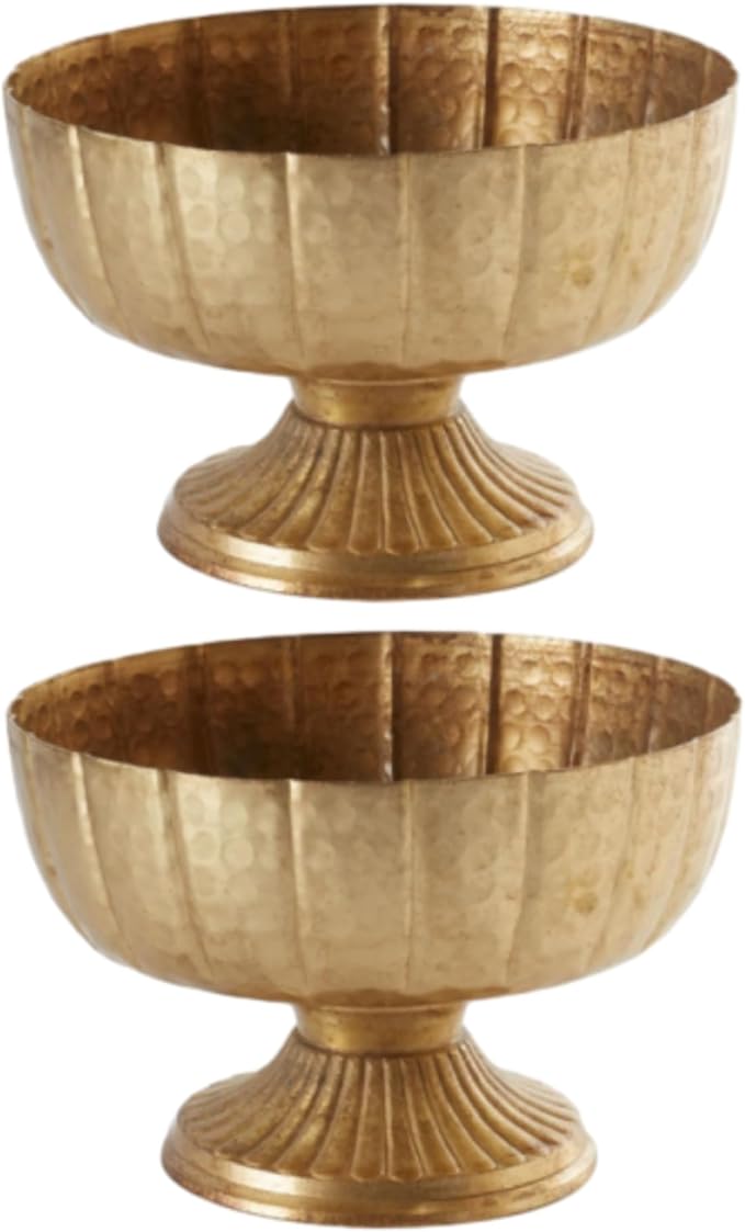 2 Pcs Distressed Gold Compote Vase, 8" Wide Pedestal | Vintage Pedestal Bowl for Wedding Centerpieces, Antique Urn Planter Style, Anniversary Parties, Indoor Outdoor Summer Events