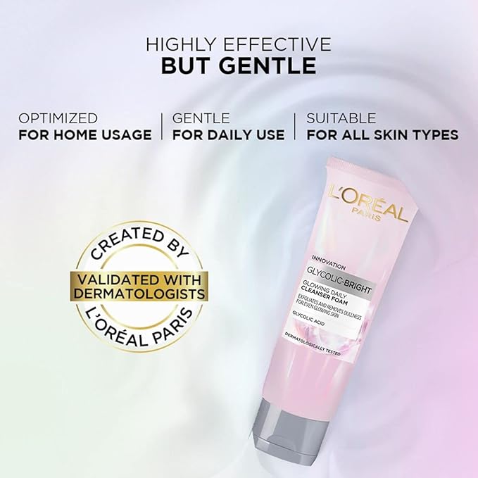 L'Oreal Paris Glycolic Bright Daily Foaming Face Cleanser, 100ml | Glycolic Acid Face Wash for Dull Skin | Daily Glowing Facial Cleanser