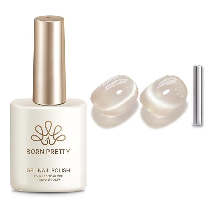 Born Pretty Glassy Cat Magnetic Eye Gel Nail Polish,Glitter Nude Jelly Translucent Magnetic Gel Polish,Soak Off U V LED Gels Nail Art Design Manicure Salon DIY Home 15ML