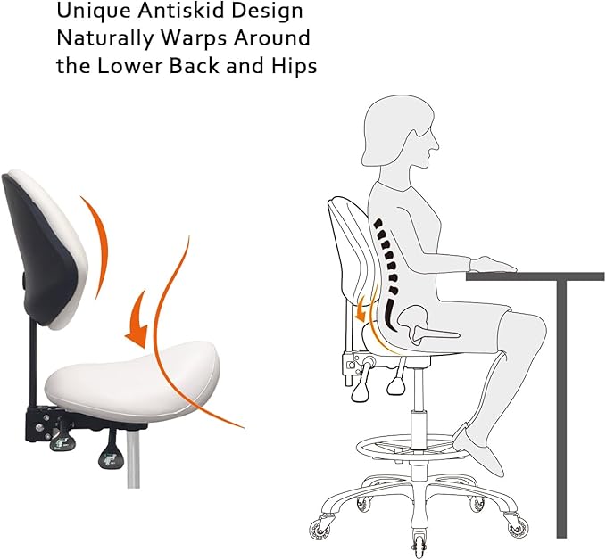 Saddle Stool Chair with Back Support Footrest, Heavy-Duty(350LBS), Hydraulic Rolling Swivel Adjustable Stool Chair for Salon Spa Beauty Massage Dental Clinic Home Office Use(White)