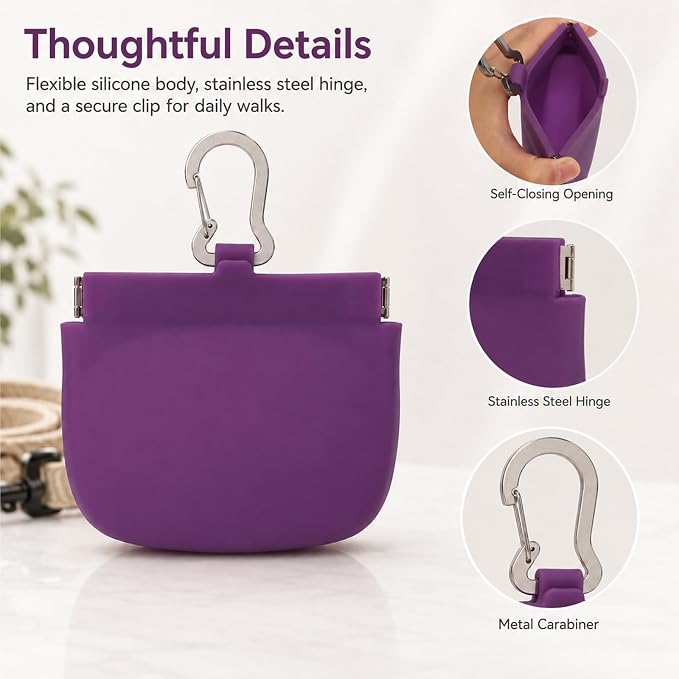 Silicone Dog Treat Pouch for Pet Training One-Hand Access One Cup Silicone Treat Bag with Pull Tab and Auto Closing Lid Treat Pouches for Leash(Color: Purple)