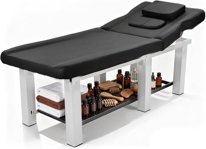 Professional Stationary Massage Table with Backrest,Adjustable Thick Foam Spa Massage Beds,Metal Frame PU Leather 27.55'' Wide 72.83'' Long Heavy Duty Bed for Massages,Hairdressing,Spas(Black White)