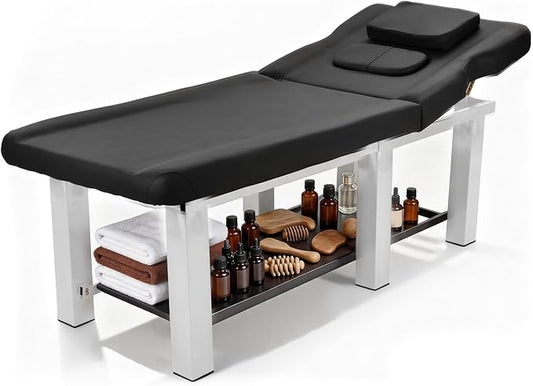 Professional Stationary Massage Table with Backrest,Adjustable Thick Foam Spa Massage Beds,Metal Frame PU Leather 27.55'' Wide 72.83'' Long Heavy Duty Bed for Massages,Hairdressing,Spas(Black White)