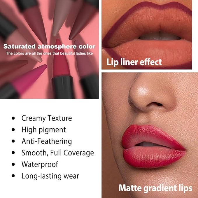 evpct Ruby Red Gradient Matte Lipstick Lip Liner Combo Set for Older Women Long Lasting Waterproof, Red Lips Stick Crayon Pencil Cream Lip Liner and Lipstick Combo Makeup, Flawless Ombre Effect