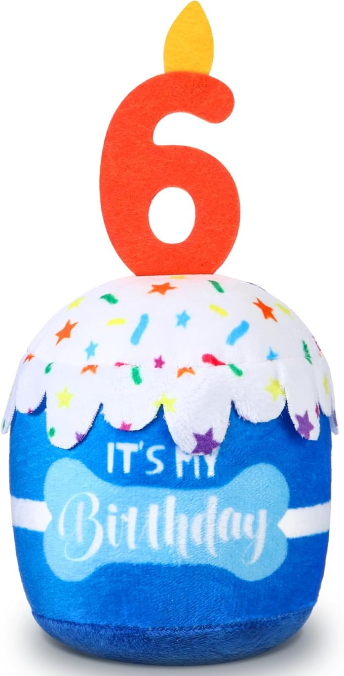 Dansydaisy Dog Birthday Cake Toy Squeaky Plush Gift,6th,Blue