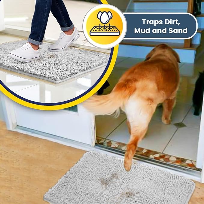 Muddy Mat® | Super Water Absorbent Door Mat Indoor, Microfiber Quick Dry Chenille Entryway Rug, Slip Resistant Front Door Mat, Indoor Mats for Entryway, Machine Washable Pet Rug, White 32" x 40"