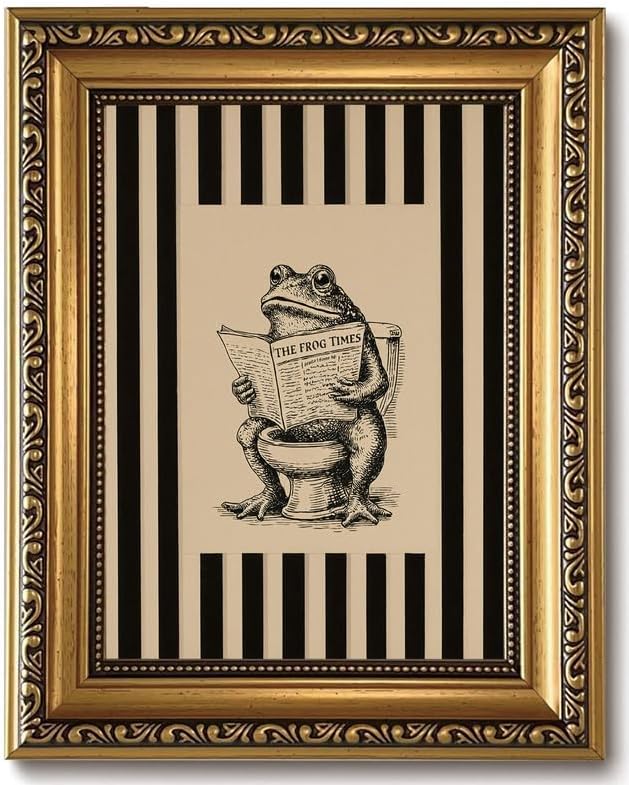 Funny Bathroom Wall Decor Art Vintage Whimsical Frog Gold Framed Wall Art | Black Beige Striped Picture Canvas Art Humour Animal Small Framed Prints Artwork For Vanity Shelf Restroom Toilet Powder Room