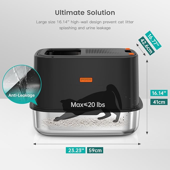 XL Stainless Steel Cat Litter Box with Lid, Top Entry, Mat & Scoop Included | XL for Big Cats, High Sides Enclosed Design, Anti-Urine Leakage, Non-Stick Odor-Free, Easy Clean, Reduce Litter Tracking