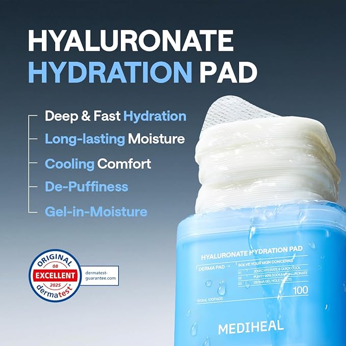MEDIHEAL Toner Pads [Hyaluronate] - 99% Pure Low-Molecular Hyaluronic Acid - Intensive Hydration & Soothing - Contains Squalane to Increase Absorption Rate - Vegan Derma Gel Texture Pad (100 Count)