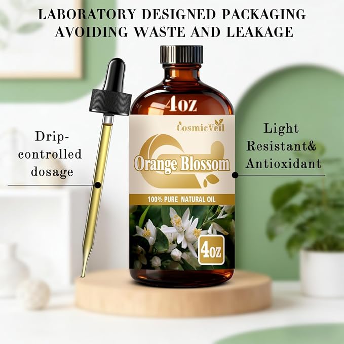 Orange Blossom Essential Oil Orange Blossom Oil for Aroma Diffuser,Humidifier,Home Fragrance,Cleaning,Body Care,Massage,Yoga,DIY Candle,DIY Soap CosmicVeil（Orange Blossom，4 Fl Oz (Pack of 1)）