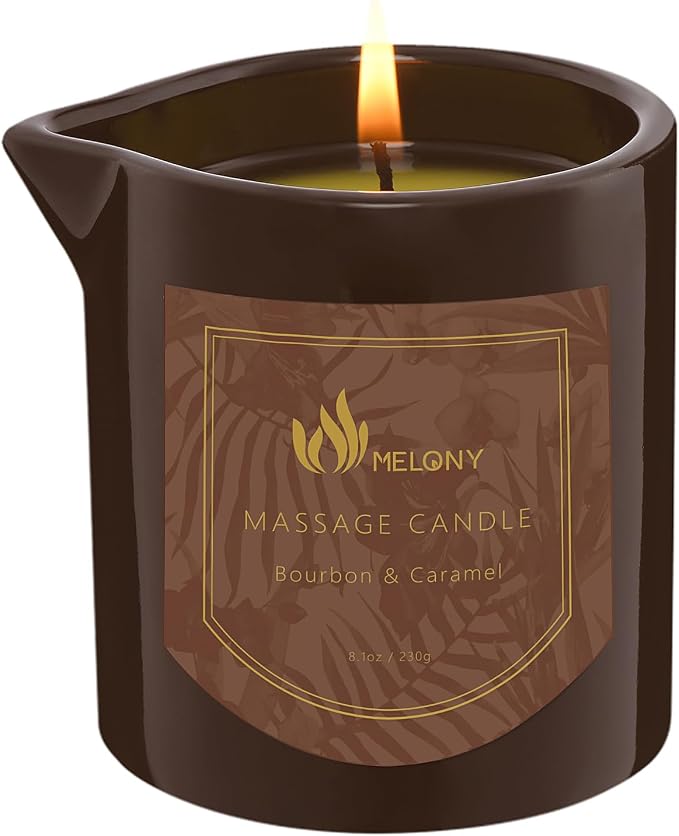 MELONY Massage Oil Candle, Bourbon & Caramel, 8.1 oz | Pure Relaxation, Moisturizing Essential Oil, For Home Spa, Gift For Women & Men
