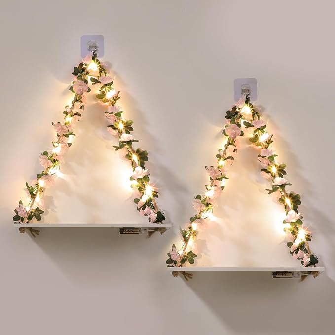 EXIN DECHEN Wall Decor for Bedroom,Floating Shelves,Room Decor Aesthetic | Set of 2,Pink,No Drill Shelves,Leaves and Light Strip with Flower,Cute,Teen Girls,Princess,Coquette for Dorm Livingroom Decor