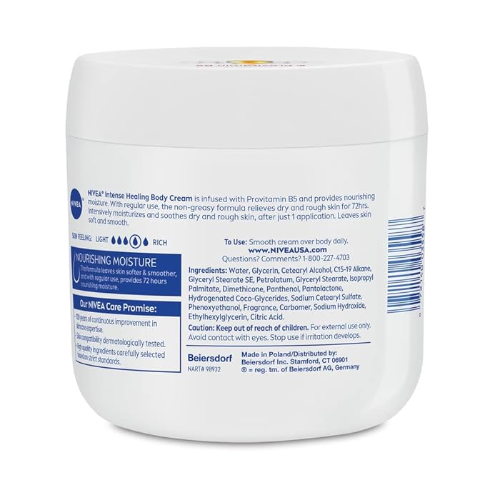 Nivea Intense Healing Body Cream for Dry Skin with Glycerin, Provitamin B5 & Niacinamide, 72-Hour Moisture, Non-Greasy, 13.5 oz Jar (Pack of 2)