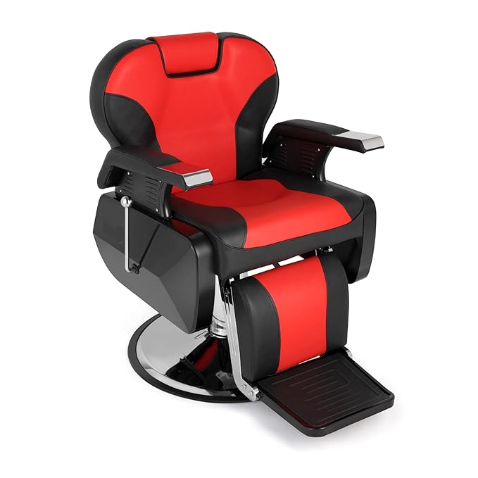 OmySalon All Purpose Hydraulic Barber Chair Heavy Duty, Recline Salon Chair for Hair Stylist Tattoo, Beauty Styling Shampoo Equipment Red & Black