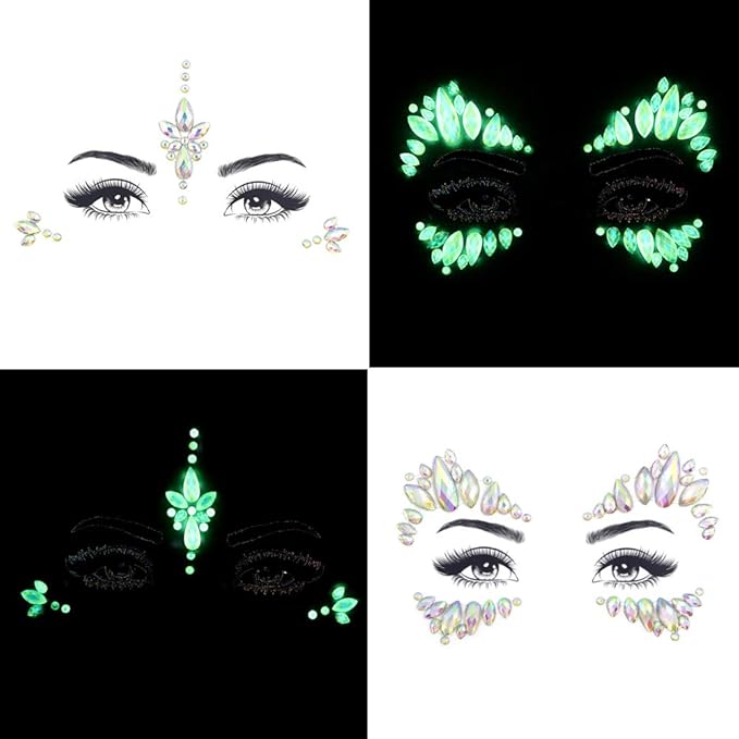 Noctilucent Face Gems Luminous makeup Temporary Tattoo Stickers Acrylic Crystal Glitter Stickers Face Jewels Rainbow Tears Rhinestone for Party, Rave Festival, Dress-up of ZLXIN(8 Pcs A Set)