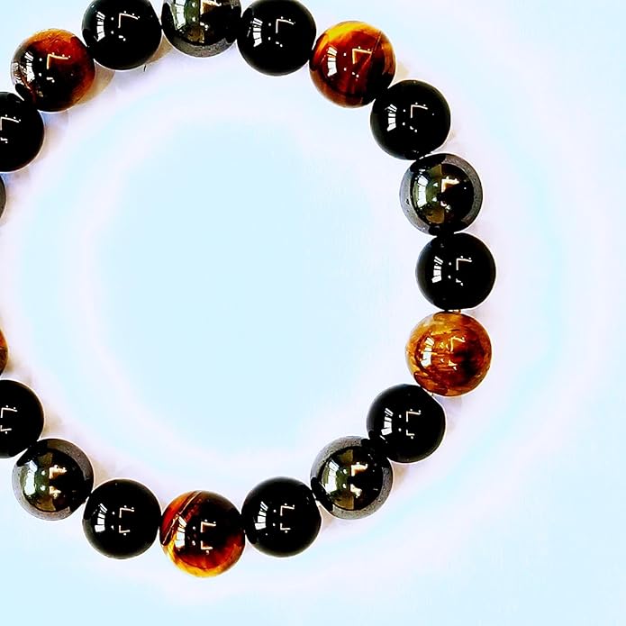 Evil Eye with Hematite Black Obsidian Tiger Eye Stone Triple Protection Bracelets for Men Women, Crystal Healing Stone Bracelet Bring Luck Prosperity and Happiness Jewelry
