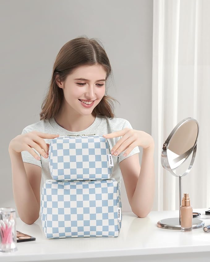 Narwey Small Checkered Makeup Bag for Purse Mini Cosmetic Bag Travel Makeup Pouch Zipper Pouch Cute Make up Bags with Compartments for Women Girls (Small, Sky Blue Checkerboard)