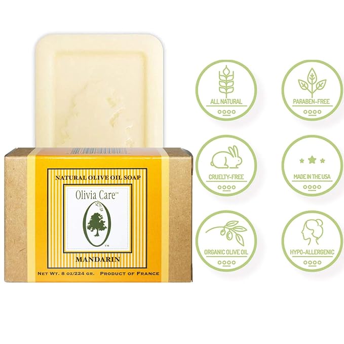 Olivia Care Premium Mandarin Bath & Body Bar Soap Organic, Vegan & Natural Olive Oil Repairs, Hydrates, Moisturizes & Deep Cleans Vitamin C Good for Sensitive Dry Skin Made in USA 8 OZ – (4 PACK)