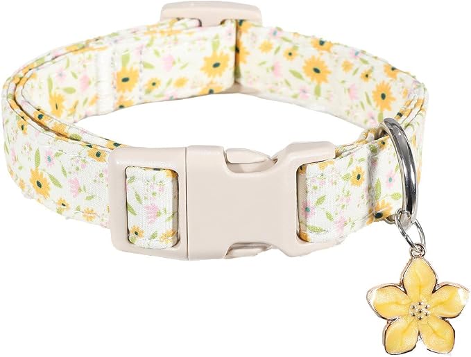 Dog Collar, Yellow Dog Collar Girl, Spring Summer Design Pet Collar with Cute Flower Charm, Quick Release Buckle and Durable Fabric, Suitable for Small, Medium and Large Dogs