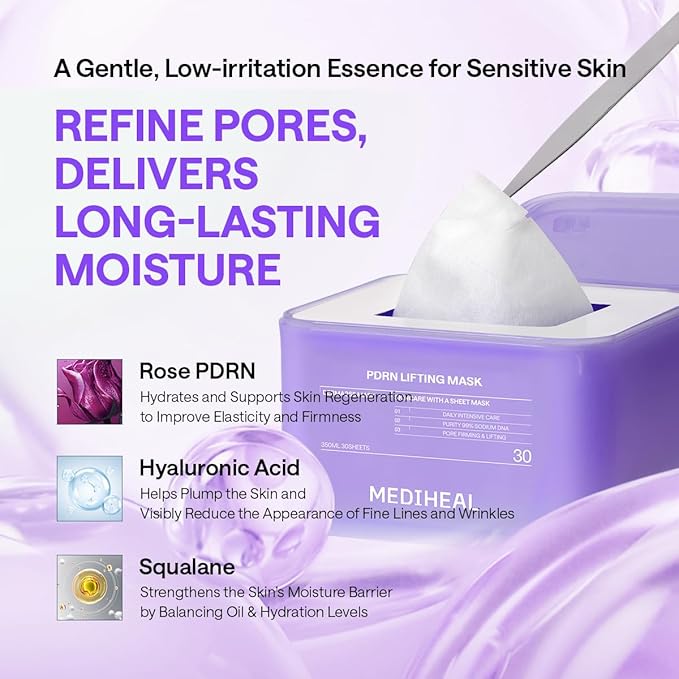 Mediheal Derma 365 Daily Mask [PDRN] 30 Sheets - Hyaluronic Acid for Deep Moisturization & Squalane for Restoring Skin Barrier, Korean Face Mask for Pore Care & Glow Skin