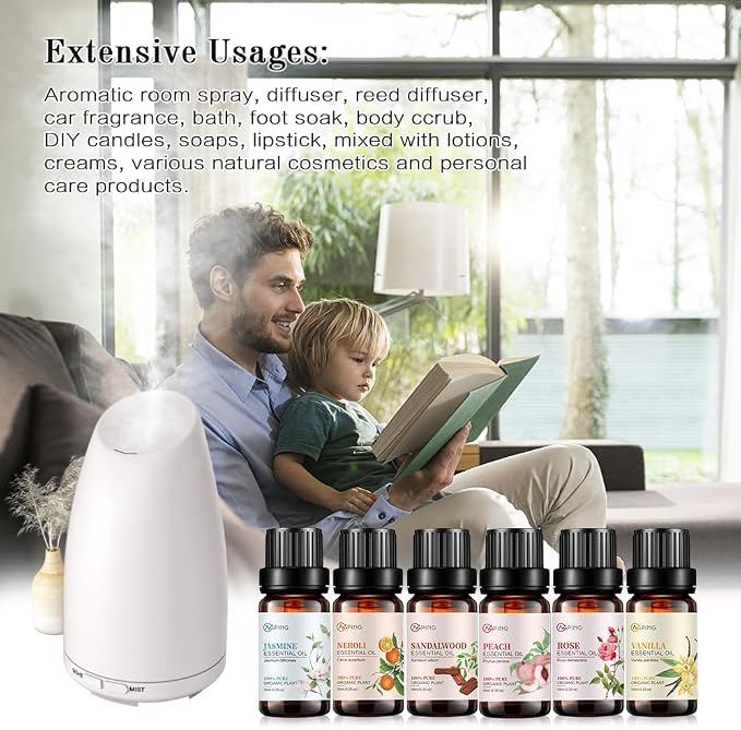 Essential Oil Set 6x10ML - 100% Pure Organic Plant Oil for Diffuser Massage Aroma Spa Yoga Perfume - Rose, Jasmine, Sandalwood, Vanilla, Neroli, Peach