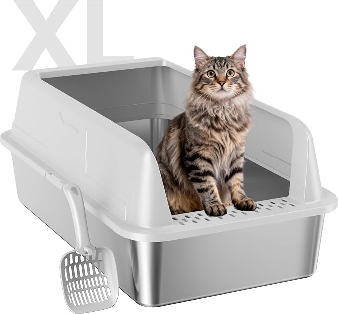 High-Sided Stainless Steel XL Cat Litter Box for Cats | High-Sided Design Prevents Urine Leakage,Non-Stick,Easy to Clean,Includes Scoop,Gray