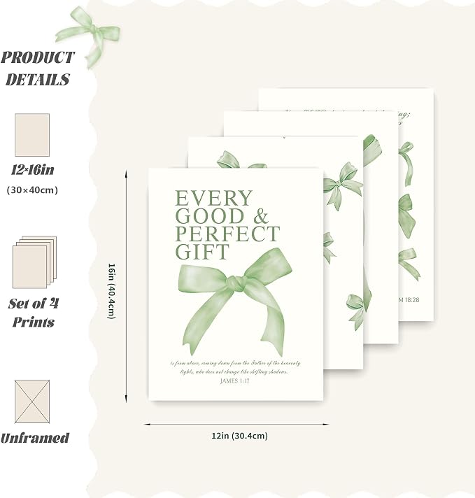 LARTSFRO Coquette Sage Green Bow Wall Art Decor Posters, Sage Green Bow Room Bedroom Bathroom Wall Art Decor Aesthetic for Teen Girls Gifts, Inspirational Bible Verses Bow Wall Decor, 12x16 Inch Set of 4 Bow Pictures Unframed