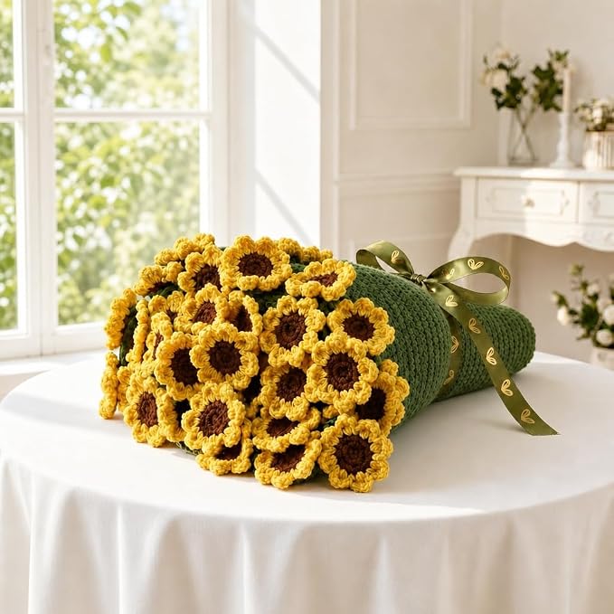 Sunflower Crochet Flower Bouquet Blanket, 43 Inch Gift Throw, 36 Sunflowers | Gift bag, writable card, machine washable, hand-crocheted sunflowers, ready for sunshine gifts and special moments.