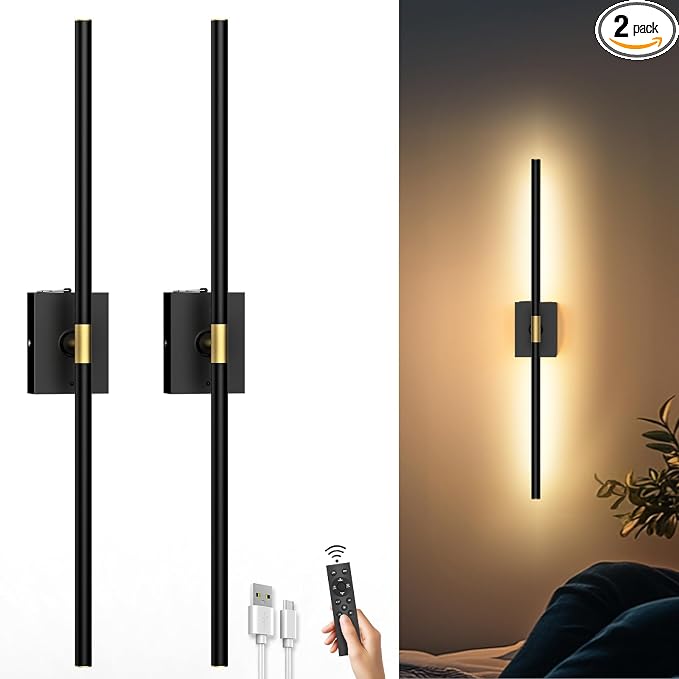 Battery Operated Wall Sconces Set of 2, 10000mAh, Black | Detachable rechargeable battery, 31.5" wireless lighting for TV wall mirror bedroom or living room decor