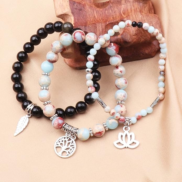 UEUC Tree of Life Yoga Healing Stone Bracelets,Multilayer Lotus Chakra Stone Reiki Bracelet Sets,Anxiety Crystal Natural Stone,for Women Stress Relief