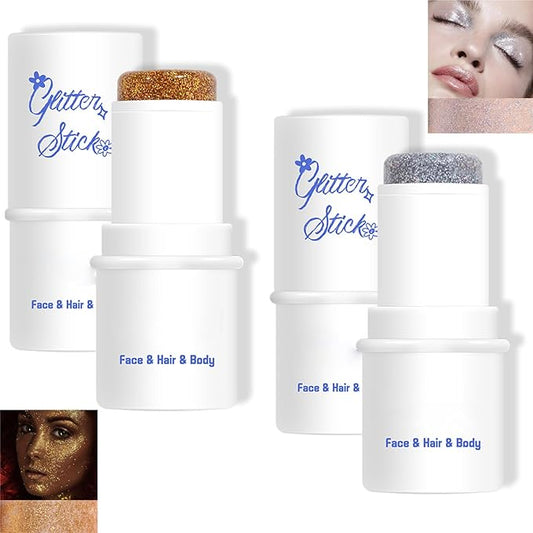 2 Colors Body Glitter Stick Chunky Glitter Gel for Face Body Hair Sparkling Holographic Mermaid Sequins Paint Multiuse Makeup Glitter Gel Gold and Silver（2PCS）