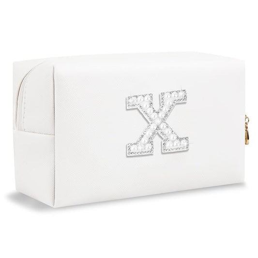 Bride Gifts – Personalized Initial Makeup Bag with Pearl Rhinestone Patch, Preppy White Monogram Cosmetic/Toiletry Pouch, bridesmaid Gifts, Bridal Shower Gifts, Wedding Gifts, Bridal Gifts,X