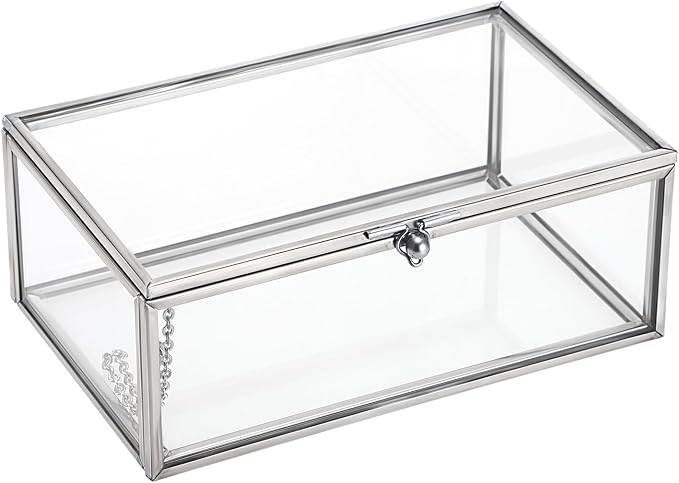 Hipiwe Vintage Glass Keepsake Box Small Jewelry Display Case Lidded Box | Home Decor Accent Decorative Glass Box Organizer for Storage Trinket Rings Bracelet, Silver