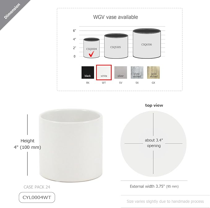 WGVI Matte White Ceramic Cylinder Vase Width 3.75" Height 4", Flower Arrangements, Candle Holder, Terrarium Planter Pot, Storage Container Organizer, Pen Brush Holder, Centerpieces, 1 Piece