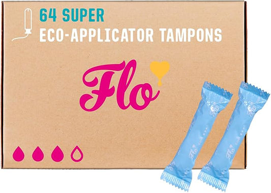 Flo - Organic Cotton Tampons for Women - 64 Pack (64 Super Tampons) - Leak Proof - No Synthetic Fibers, Chlorine Bleach, or Added Dyes - Bio-Plastic Applicator - Feminine Care - Vegan & Cruelty Free