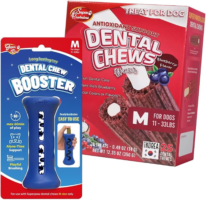 SuperPaw Dog Dental Chews (Blueberry, M) & Chew Holder (M) Bundle Kit