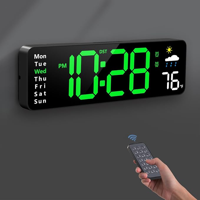 Digital Wall Clock, Digital Clock Large Display with Remote Control, Corded LED Alarm Clocks with Date, Week, Temp, Humidity, Auto DST, Countdown, for Living Room Bedroom Classroom Office (Green)