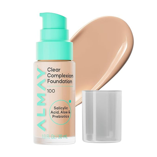 Almay Clear Complexion Foundation, Oil-Free Face Makeup for Acne-Prone Skin, Buildable Coverage, Soft-Matte Finish, Vegan, 100, 1 fl oz